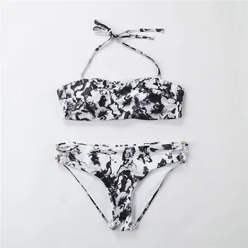 

Women's printed split underwear bathing suit one piece off-shoulder backless push up padded bra bearwear fashion Set 40mr26