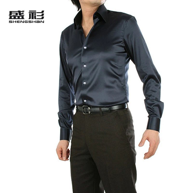 Модные мужские рубашки из искусственного шелка глянцевое свадебное платье Плюс Размер Мужская Рубашка Тонкий деловой повседневный мужской выбор choose - Цвет: Navy blue