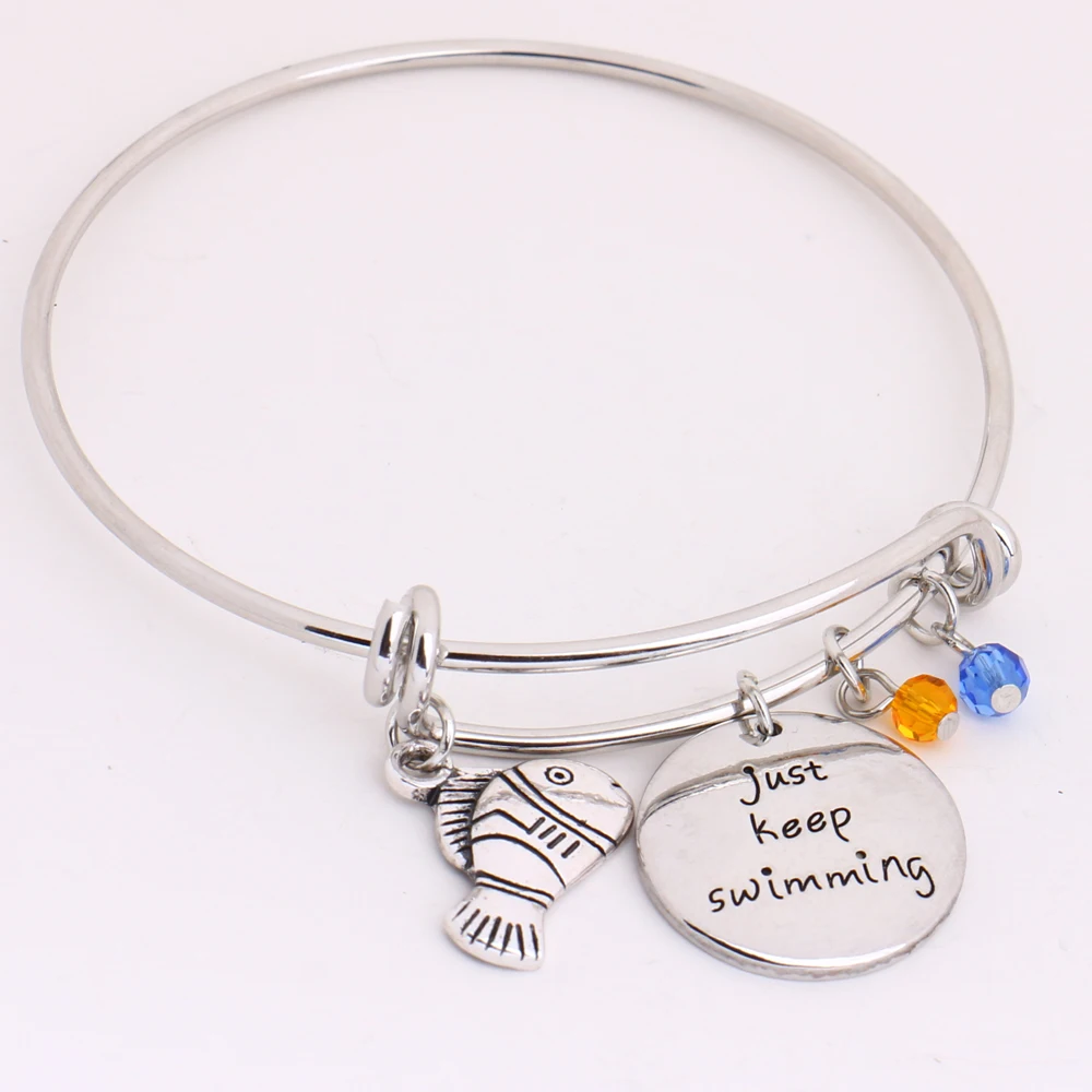

Finding Nemo,Dory Bangle"just keep swimming"Pendant with Fish,Crystal Charms Silver DIY Adjustable Bangle Cartoon Jewelry