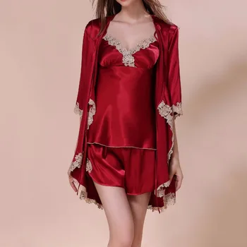 

Women Satin Silk Pajamas Red Three-Piece Pyjama Sets Lace Embroidery Imitation Silk Sleepwear Sets Pijamas Femininos