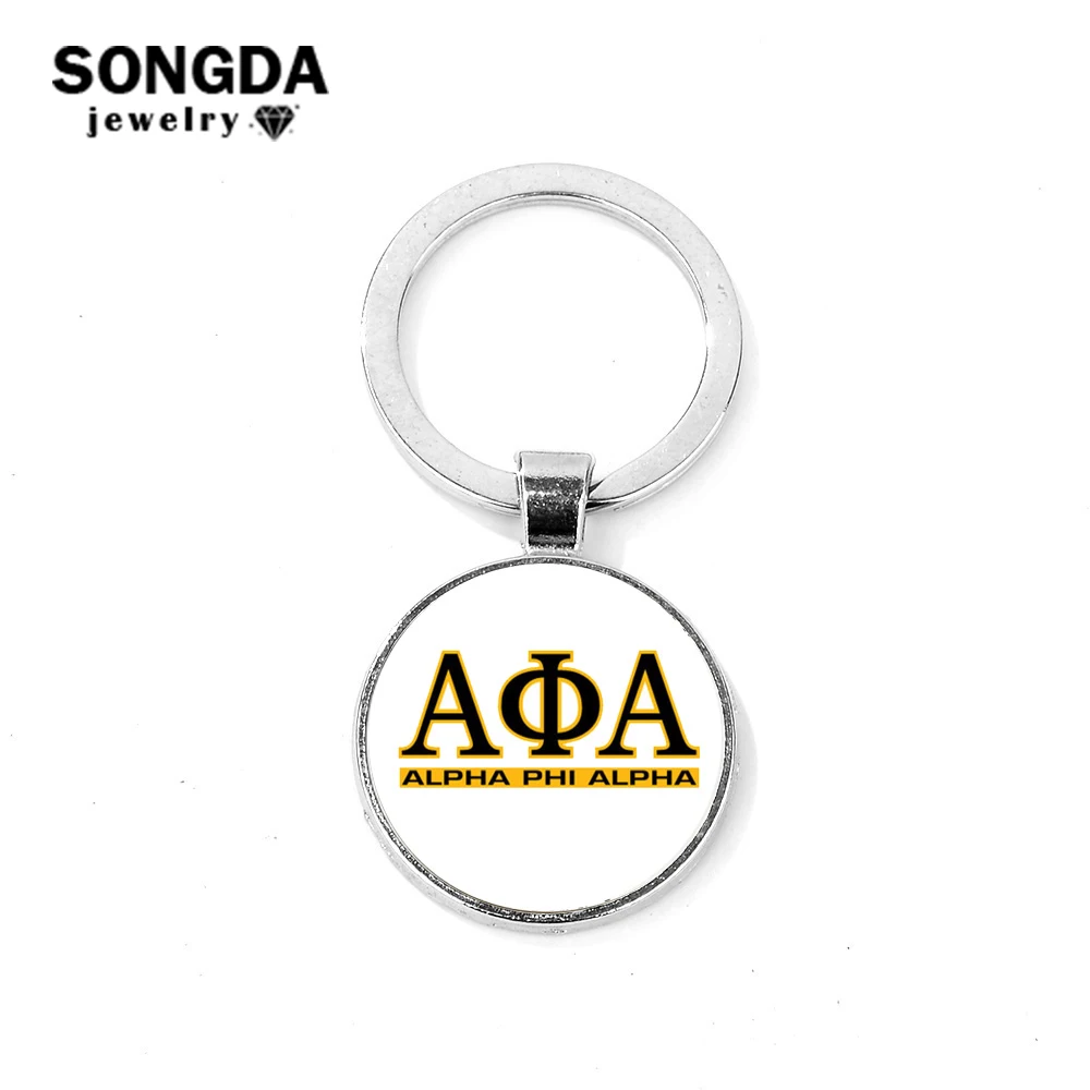 

SONGDA Alpha Phi Alpha Fraternity Metal Keychain APA Greek Letters Pendant Glass Picture Cabochon Key Ring Holder Sleutelhanger