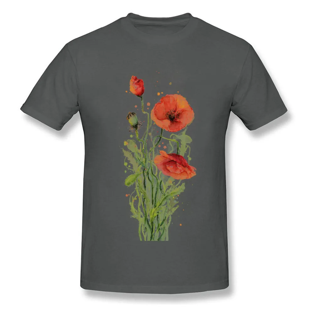 100% Cotton Young Short Sleeve Red Poppies Watercolor T-Shirt Summer Tops Shirt Plain Crazy Crew Neck Tee-Shirts Red Poppies Watercolor carbon