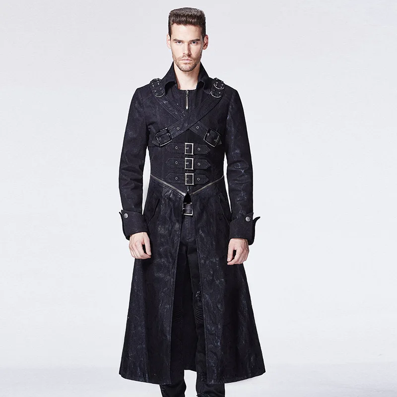 Punk font b Men b font Long Coat Cross Buckle Casual Overcoat Turn down Collar Winter