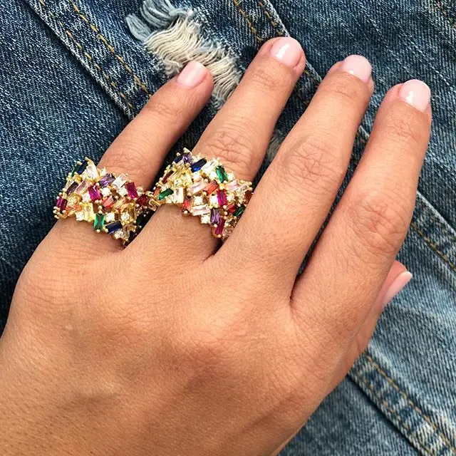 

2019 NEW fashion Luxury stackable wide rainbow cz band ring for women lady girl gift gold color gorgeous trendy full finger ring