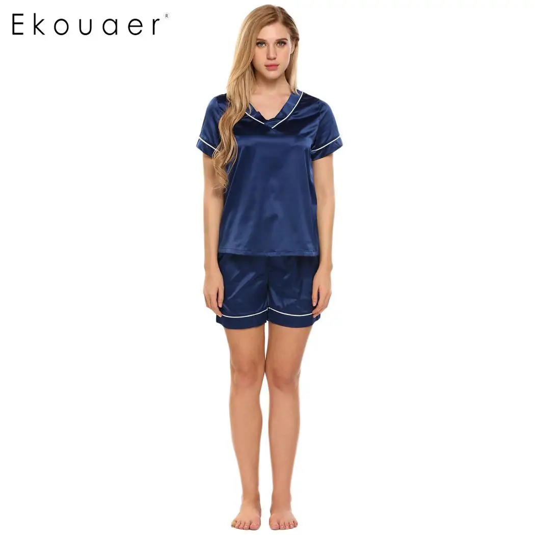 Ekouaer Women Satin Pajamas Set Short Sleeve Top Elastic Waist Shorts Sets Lounge Sleepwear 