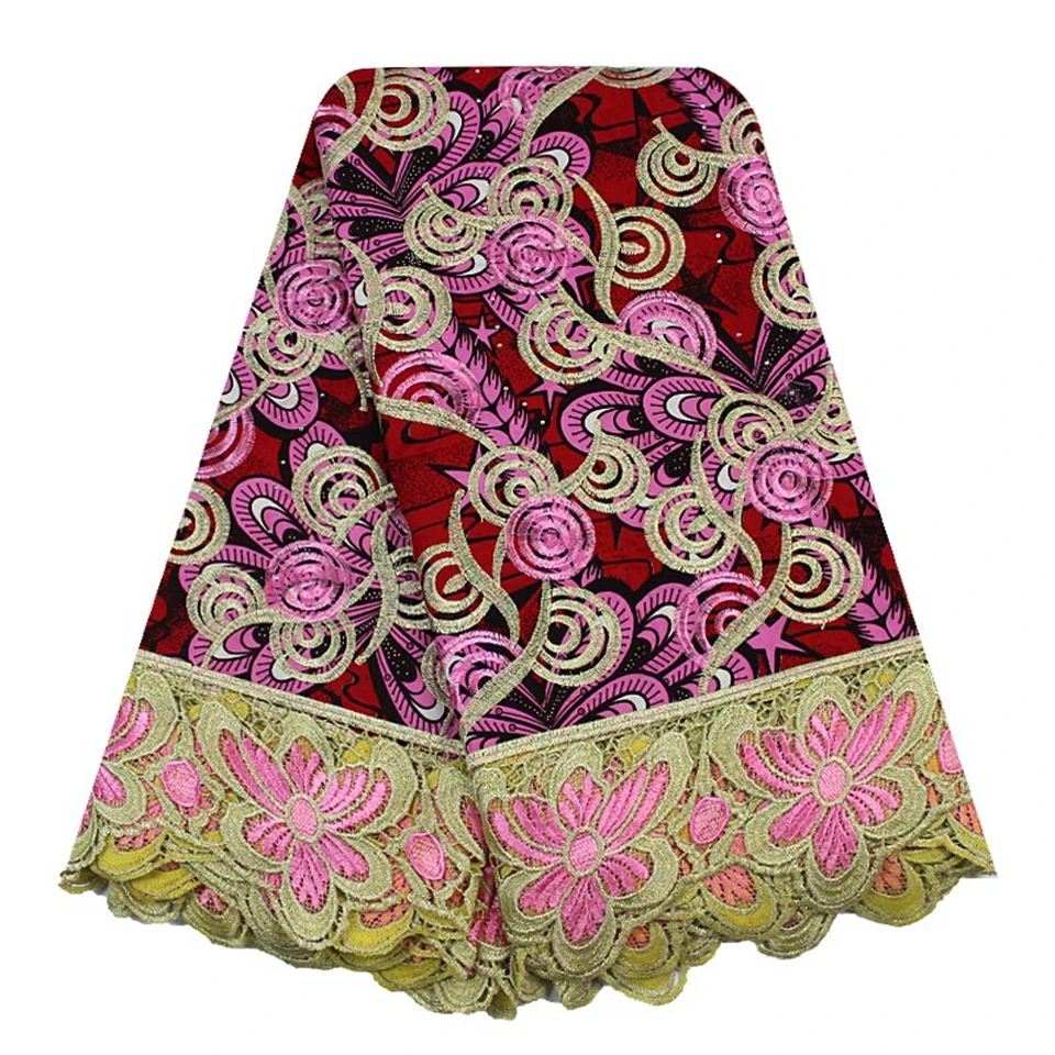 

Pink tissu africain wax broder Embroidered wax hollandais with stone lace african guipure lace 6 yards YBGLW-191