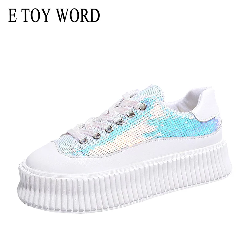 

E TOY WORD Women's casual shoes platform Sequins sneakers 2019 spring fashion Lace Up Comfortable Women Shoes Chaussures Femme