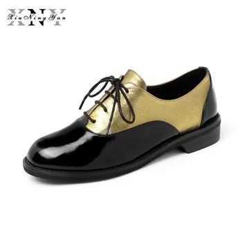 

New Fashion Women Flats Shoes British Style Oxford Shoes Genuine Leather Mixed Colors Low Heel Lace Up Ladies Brogue Shoes Woman