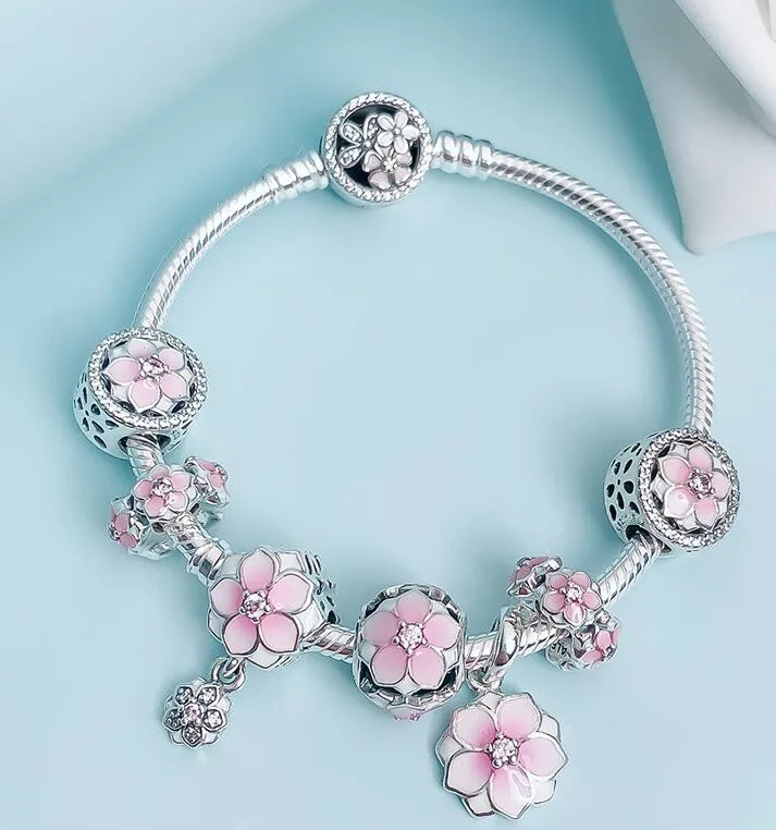 

Original 925 Sterling Silver Strand Bracelets Enamel Magnolia Bloom Duo With Crystal Beads Fit Pan Bracelet Diy Jewelry