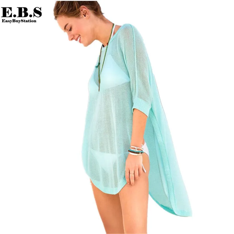 

Europe Fashion Beachwear Summer Knit Sheer Cover Beach,Women Irregular Hem Side High Slit Sunscreen Tops Beach Shirt