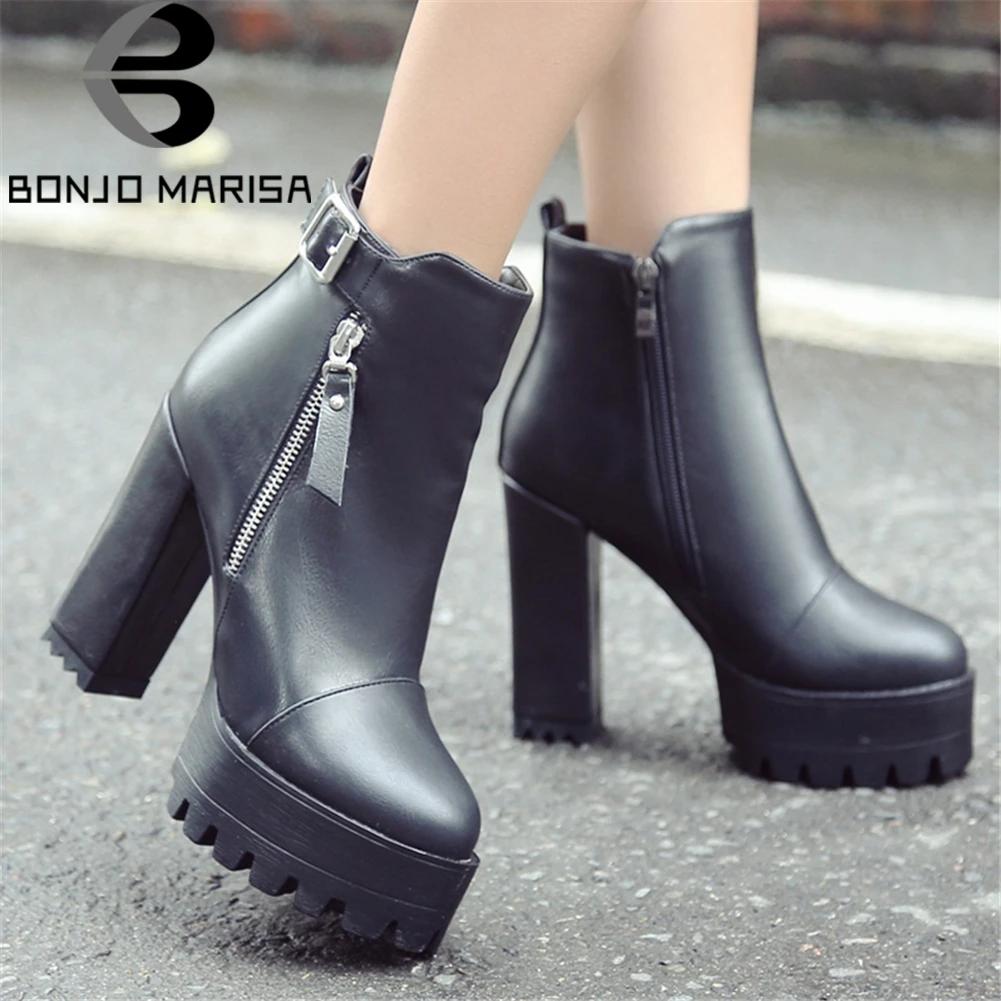 

BONJOMARISA Large Size 32-42 Fashion Black Motorcycle Boots Women Winter 2019 Fur Platform Boots High Heels Shoes Woman