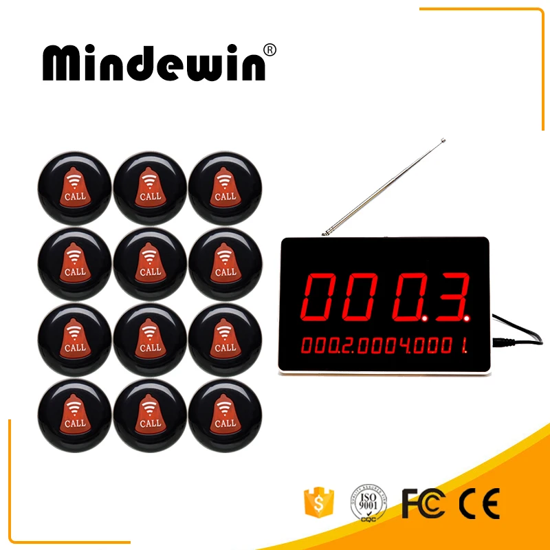 

Mindewin Restaurant Pagers 1PCS M-R-1 LED Display Show 4 Groups Calling Number and 12PCS M-K-1 Call Button Service Bell