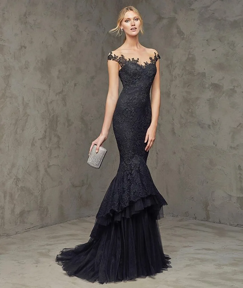 Fantástico vestido azul marino de noche de encaje en capas appliques vestido largo prom
