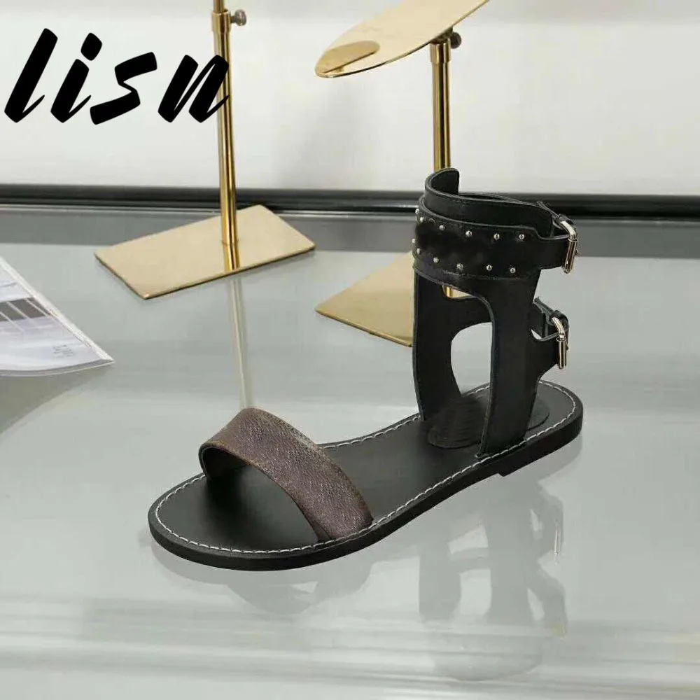 

LISN New Brand Genuine Leather Metal Studded Summer Sandals Open Toe Buckle Strap Flats Sandals Shoes Women