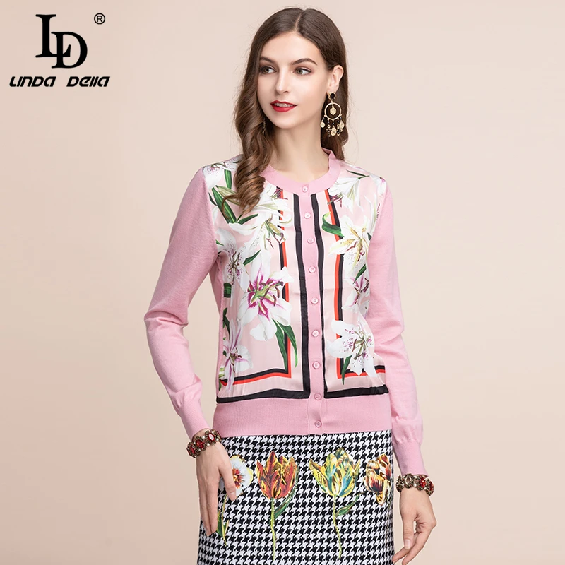 

LD LINDA DELLA Autumn Fashion Cardigan Women's Long Sleeve lily Flower Print Wool Sweater Knitted Outer Wear Elegant Ladies Tops