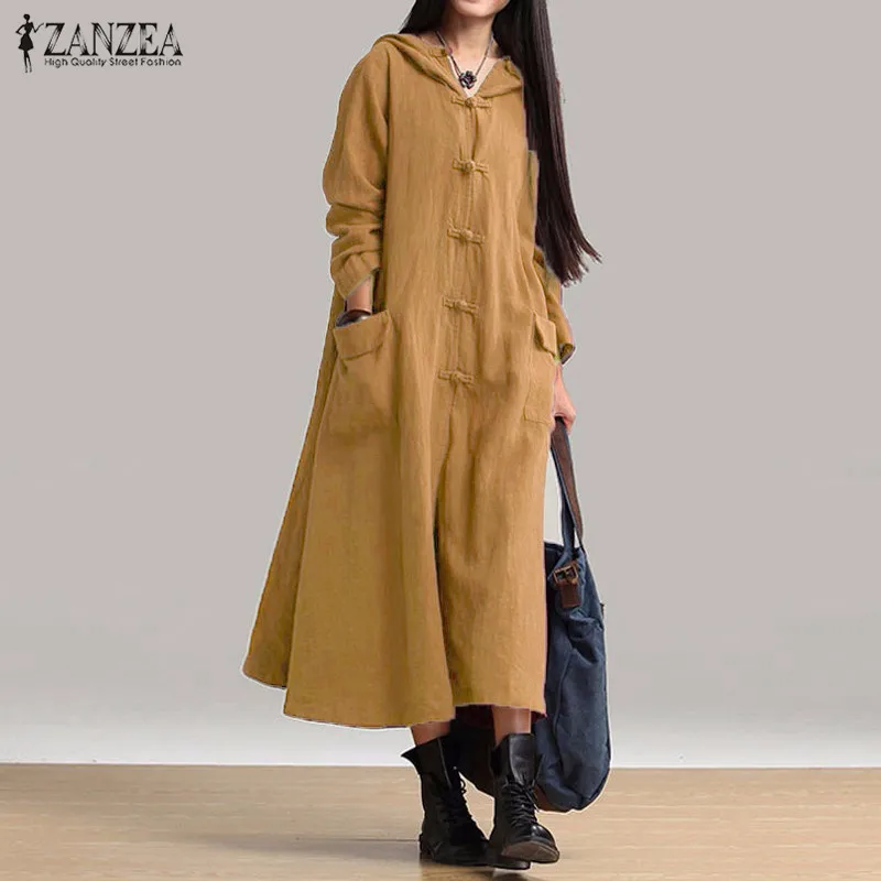 ZANZEA осеннее винтажное хлопковое льняное пальто с длинным рукавом, кафтан, Женская Повседневная Свободная Однотонная рубашка с капюшоном и пуговицами, длинная куртка Vestido