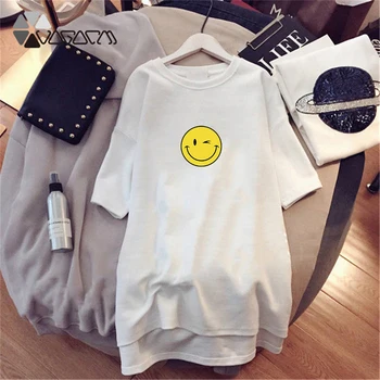 

2019 Summer Women Dress Cute Smiley Face Nice Day Short Sleeve Dresses Casual Loose Mini White Dress Big Size M-4XL New Vestidos