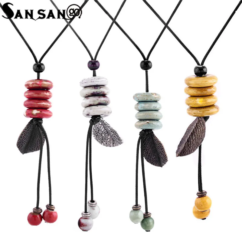 

Ethnic Boho Style Ceramic Bead Tree Leaf Pendant Necklace Long PU Sweater Chain Necklace Folk Jewelry