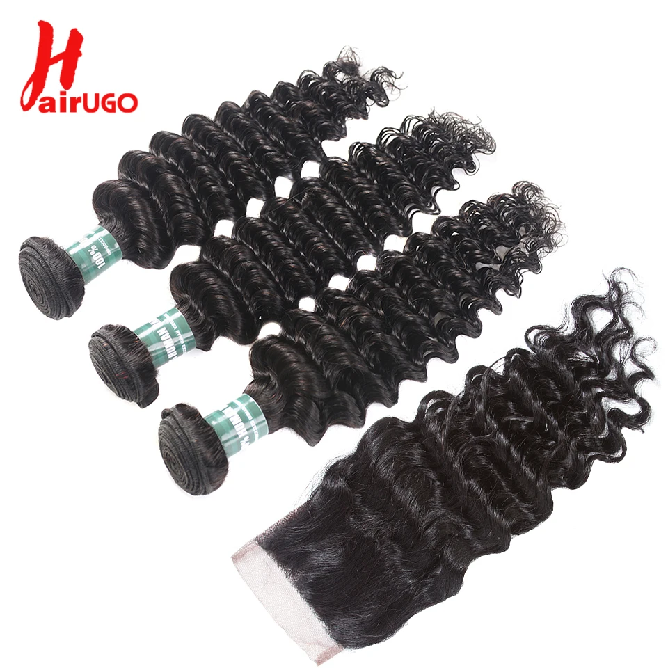HairUGo волосы малазийские пучки волос с закрытием глубокие волны пучки с закрытием не Реми натуральные волосы пучки с закрытием