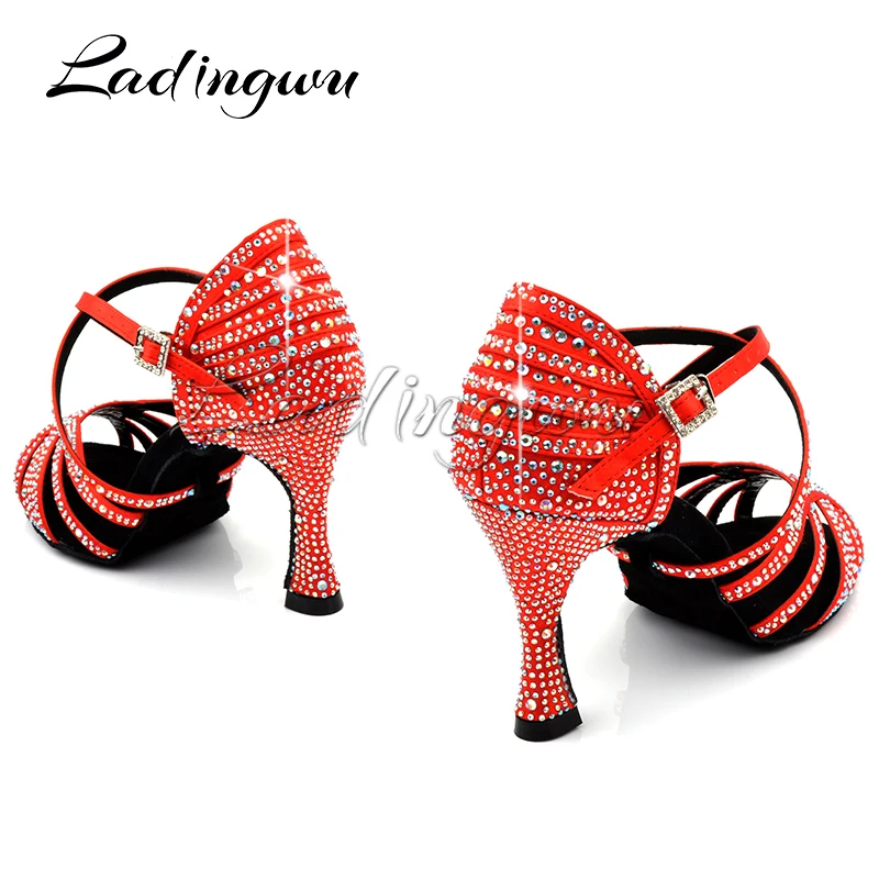 Ladingwu Latin Dance Shoes Women New Silk satin Black Salsa Rhinestone Shoes Dance For Woman Ballroom Dancing Shoes heel 5-10cm