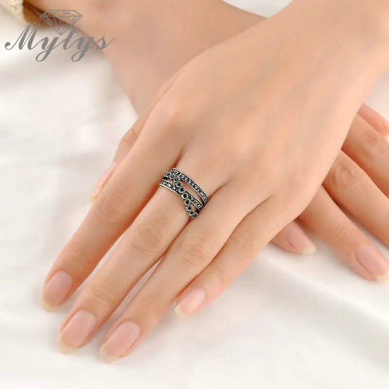 Mytys Мода черный Циркон Винтаж Ретро стразы кольцо новое поступление модные украшения подарок для женщин R525