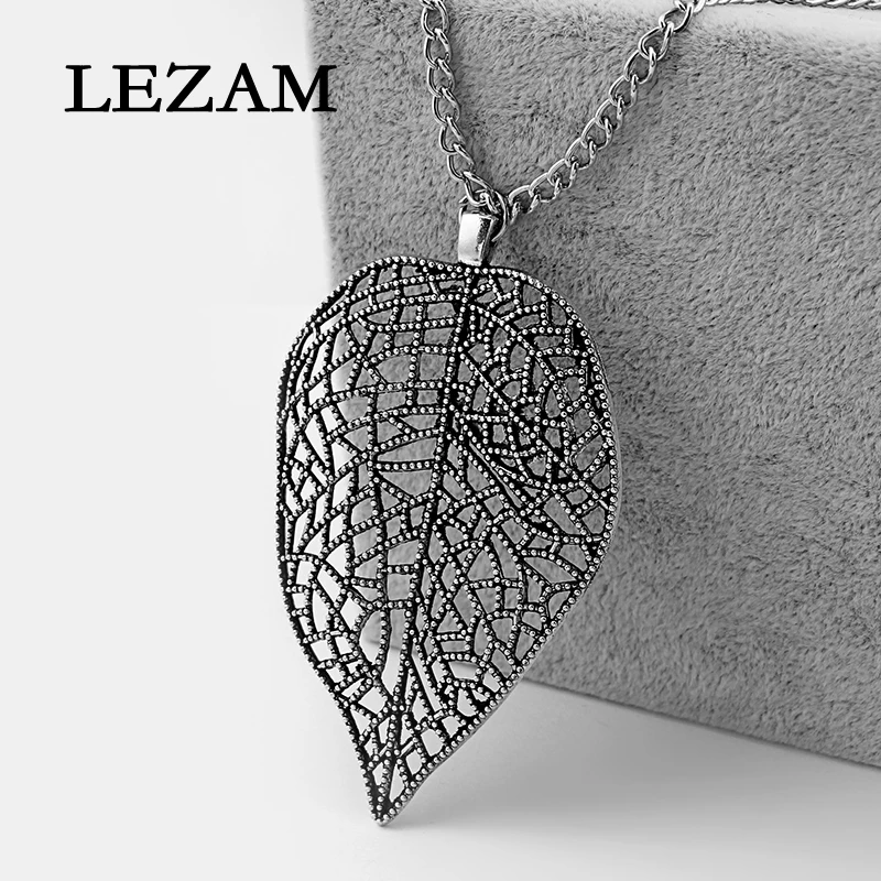 

1pcs Fashion Necklace Charms Filigree Lacework Open Leaf Pendant Tibetan Silver Collar Long Metal Chain Necklace Jewelry Bijoux