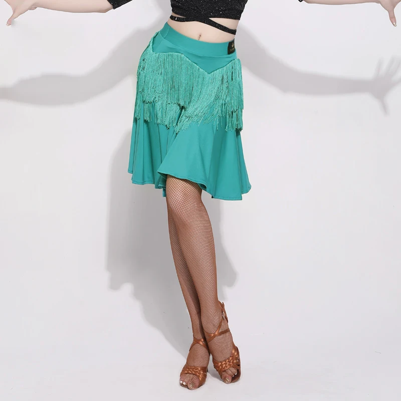 Черная юбка для латинских танцев для женщин/взрослых зеленая юбка с бахромой Большие размеры костюмы Танго Фламенко для спортивных танцев Одежда VDB173