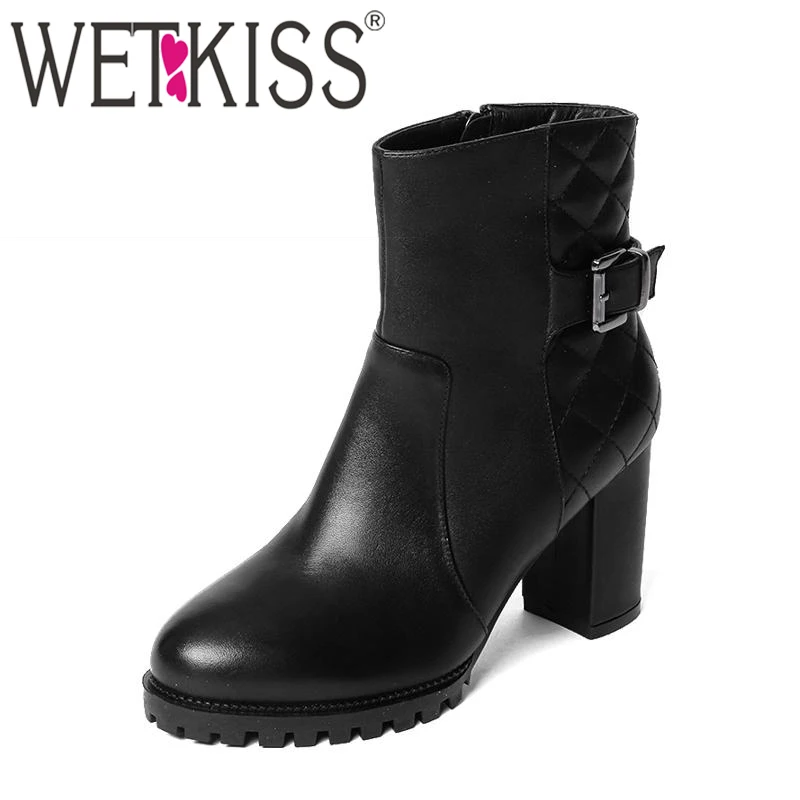 

WETKISS Genuine Leather Thick High Heels Women Boots Platform Buckle Female Shoes High Quality Women Fall Winter Boots