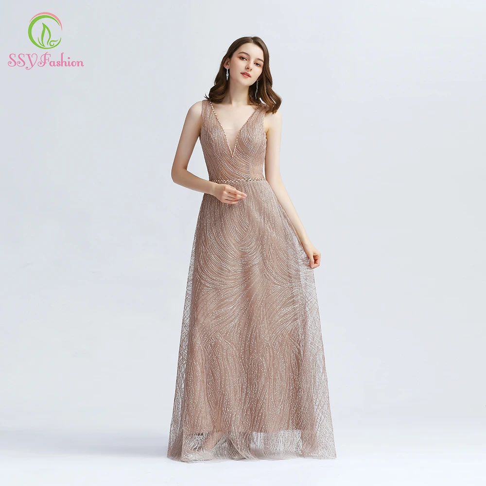 SSYFashion новое вечернее платье для банкета элегантное с v-образным вырезом длина до пола без рукавов с блестками Длинные вечерние платья Vestido De Noche