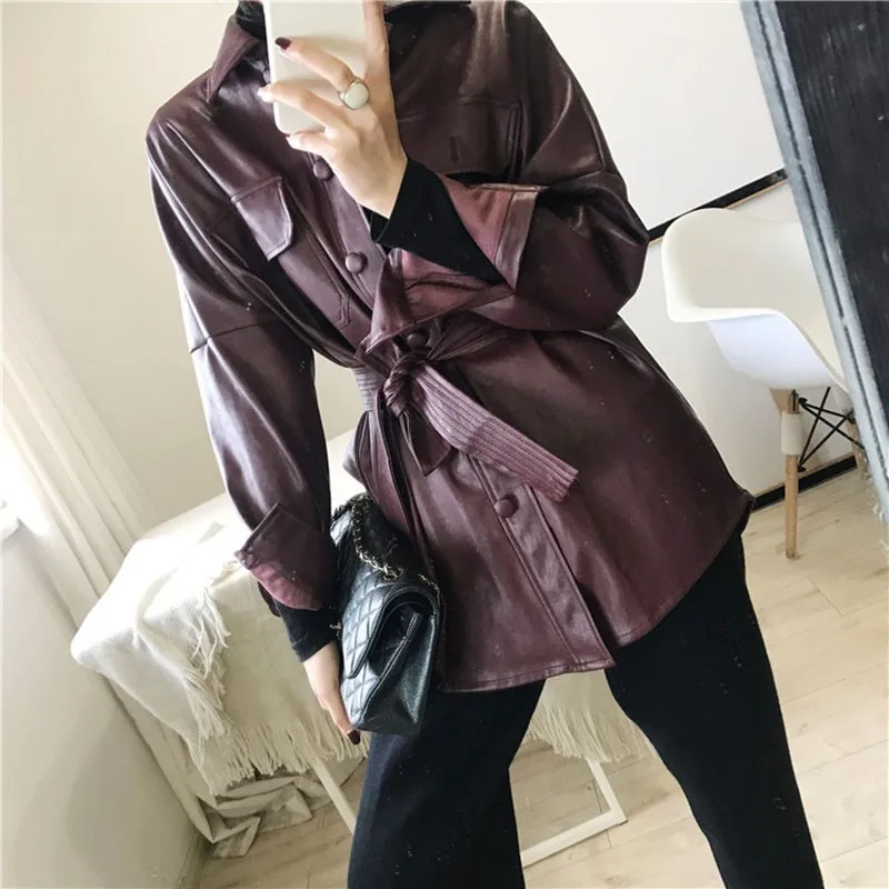 

Autumn loose Adjustable Waist Leather Jacket women New Pocket Waist Belts Pu Leather Jacket jaquetas couro Temale PY39