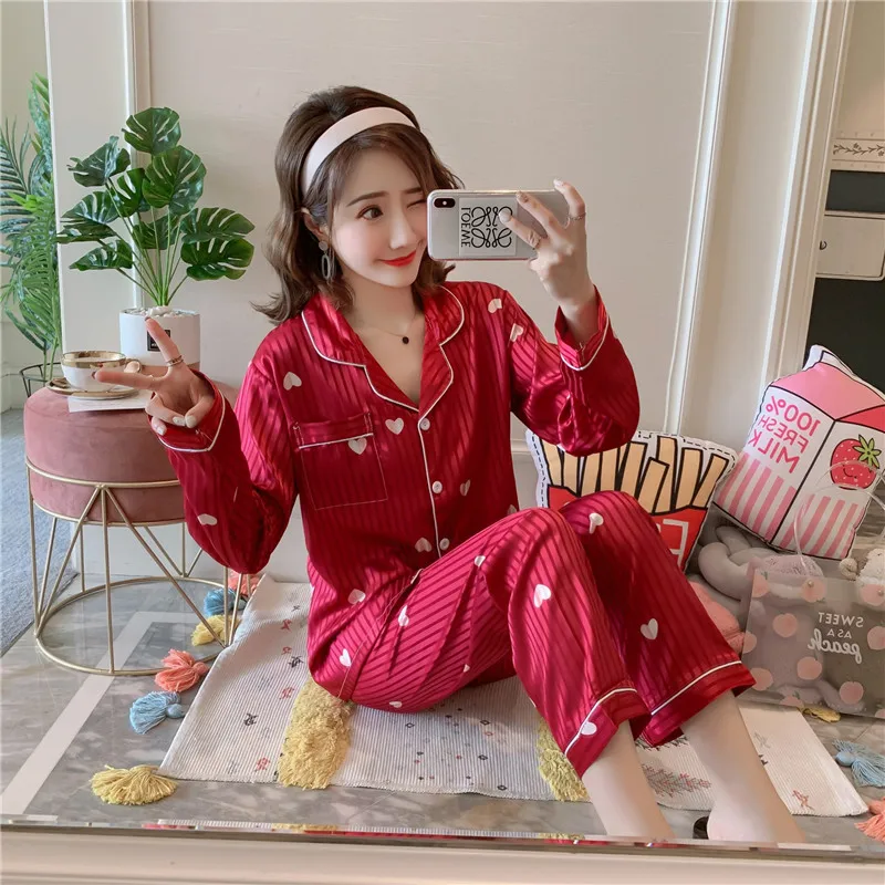 

Spring Autumn Women Print Heart Cardigan Long Sleeve Pajamas Set Home Clothes
