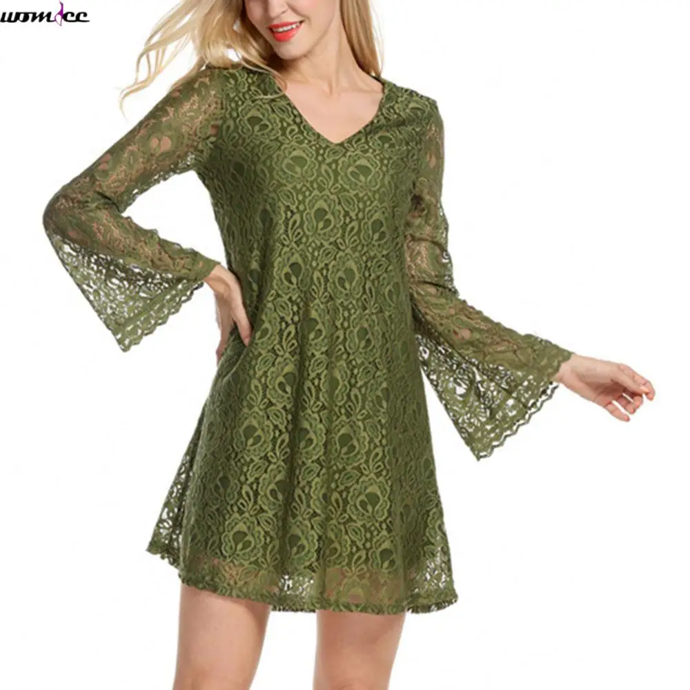 Buy Cheap Womdee Green Plus Size Flare Sleeve Lace Dress Women Sexy V-Neck Evening Party dress Summer Spring Vintage mini Dresses female