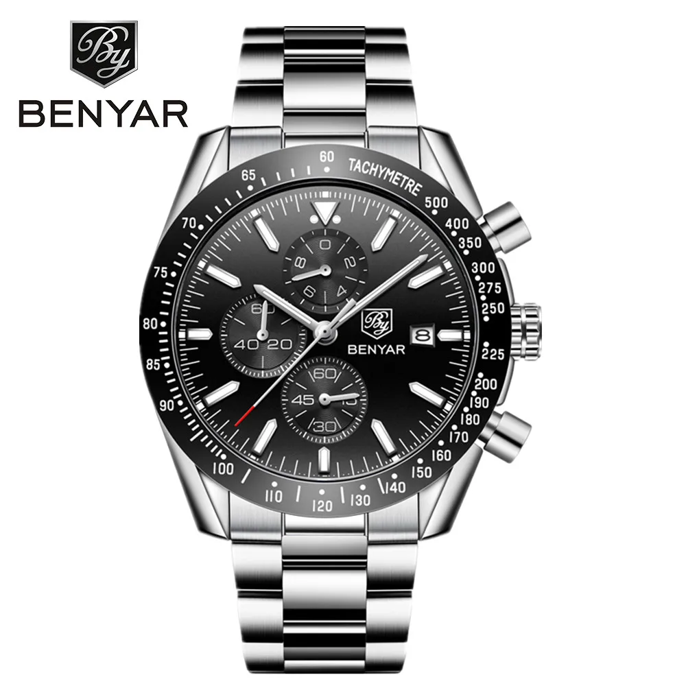 

2019 Watch Men Luxury Brand BENYAR Mens Blue Watches Silicone Band Wrist Watches Men's Chronograph Watch Male Relogio Masculino