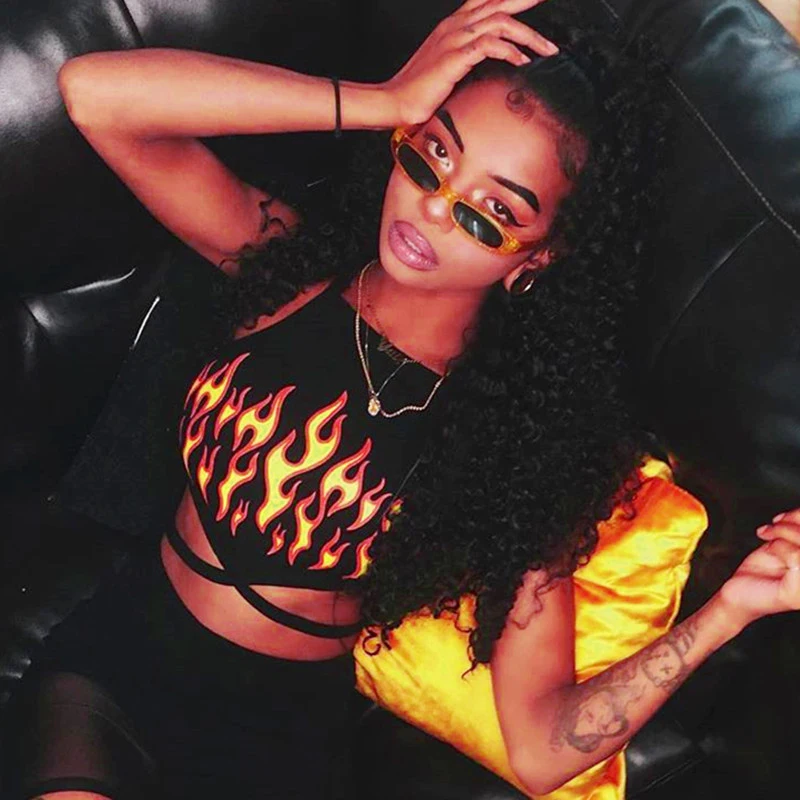

Fire Flame Print Halter Crop Top Women Sexy Backless Lace Up Tank Top 2019 Summer Bandage Hip-Hop Top Party Vest Lady Clubwear