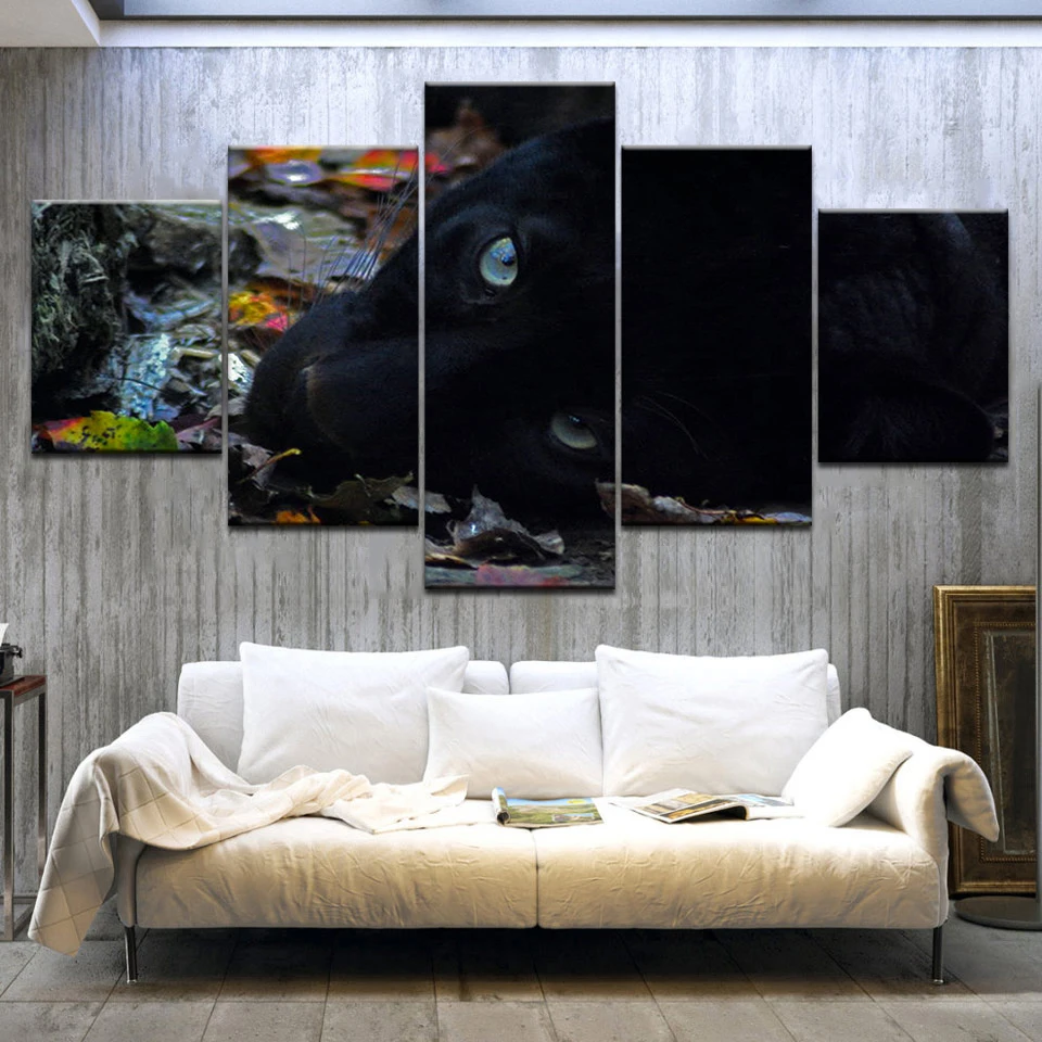 Canvas Painting Wall Art Modular Poster Frame 5 Panel Black Leopard Animal HD Printed Modern Pictures Home Decor Living Room | Дом и сад