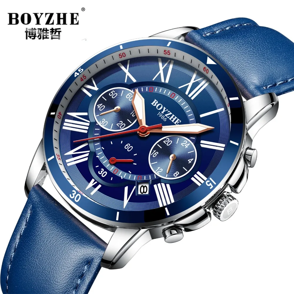 

BOYZHE Mens Watches Quartz Watches Leather Strip Week/Date Feature Waterproof Sports Casual Wrist Watches Roman numerals