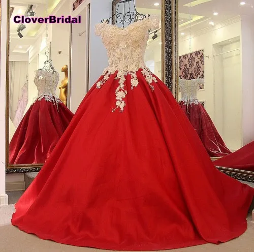 CloverBridal/красное бальное платье с открытыми плечами, стразы, цветы 50 см, поезд,, для девочек 15 лет, день рождения - Цвет: Красный