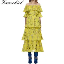 Летнее женское сексуальное платье с открытыми плечами и вырезом лодочкой с желтым цветочным принтом, длинное платье с оборками, пляжное макси плиссированное платье