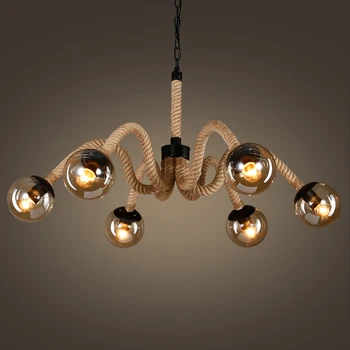 

Industrial Retro Magic Beans Hemp Rope Pendant Light 6 Lights American Village Loft Glass Lampshade Bar Cafe Hanging Lamp PL668