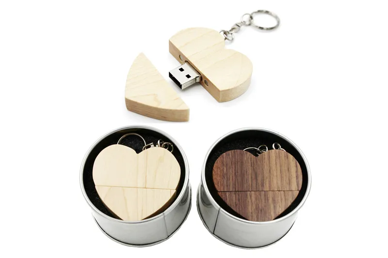 JASTER free logo wooden Heart-shaped gift+metal box USB Flash Drive 2.0 64GB 32GB 16GB 8GB U Disk photography wedding gifts jump drive