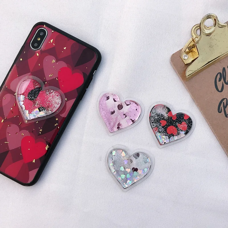 Cute Heart-shaped Liquid Glitter Mobile phone Holder stress reliever Squeeze soft pack Mount SmartPhone bracket for iPhone Redmi (5)