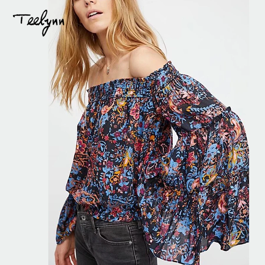 

TEELYNN short Boho blouse 2018 Chiffon floral print sexy off shoulder summer blouse flare long sleeve women blouses Hippie blusa