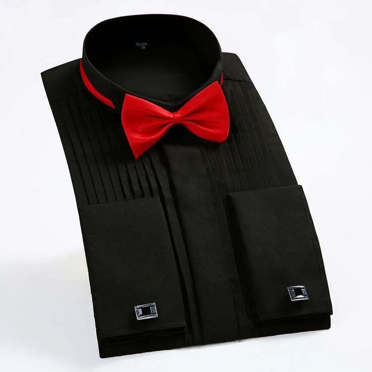 Мужская рубашка для смокинга с французскими манжетами, мужская рубашка с воротником-крылышком и длинным рукавом, официальная рубашка для жениха на пуговицах - Цвет: Черный