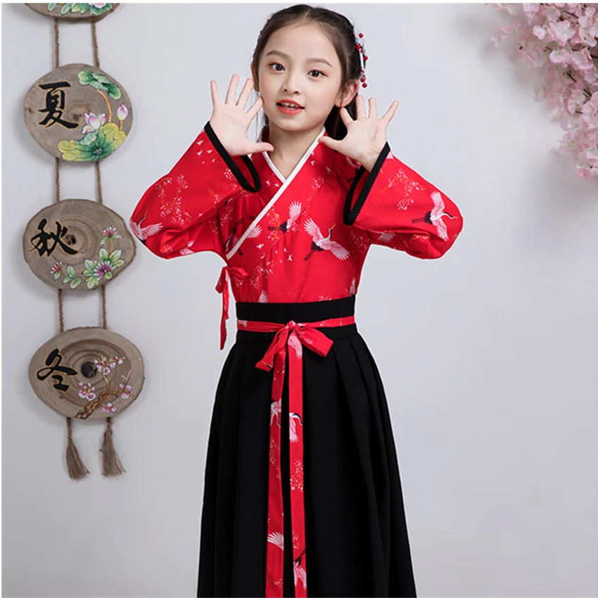Детское японское платье-кимоно; древний красный журавль; одежда с принтом; Восточная фея; Новогодняя праздничная одежда для девочек в китайском стиле; Hanfu