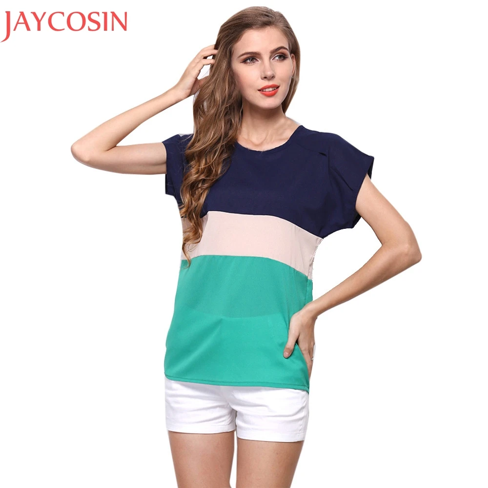 

Women Summer Contrast Colour Chiffon T-Shirt Lady Casual Short Sleeve Patchwork O-Neck Tops Quick Dry Tees Tops Outwear Dec9