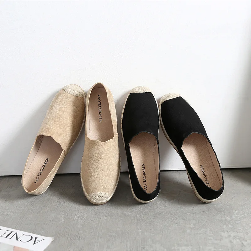 

2019 autumn new fashion simple solid color flat shoes women suede comfortable hemp rope woven casual fisherman shoes