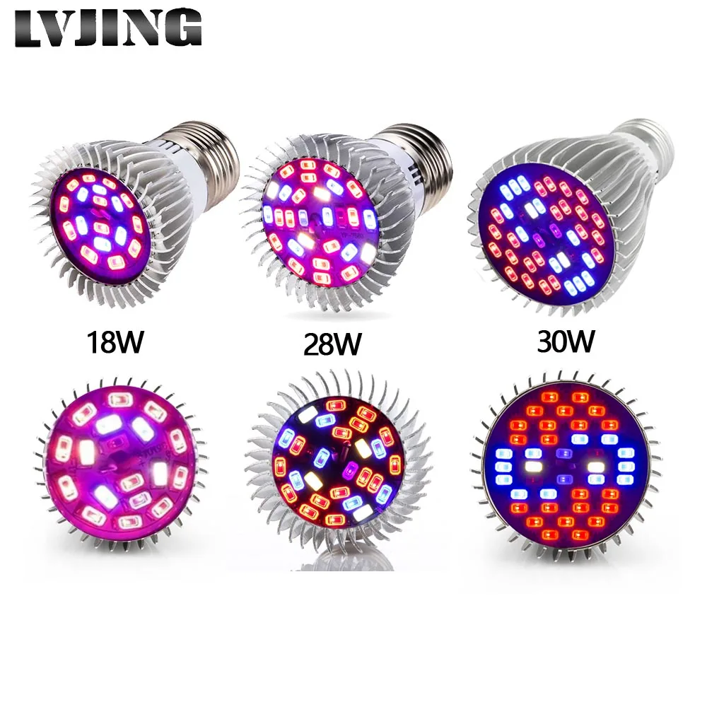 LVJING Full Spectrum18W/ 28W/ 30W E27 Led Grow Light Red Blue UV IR