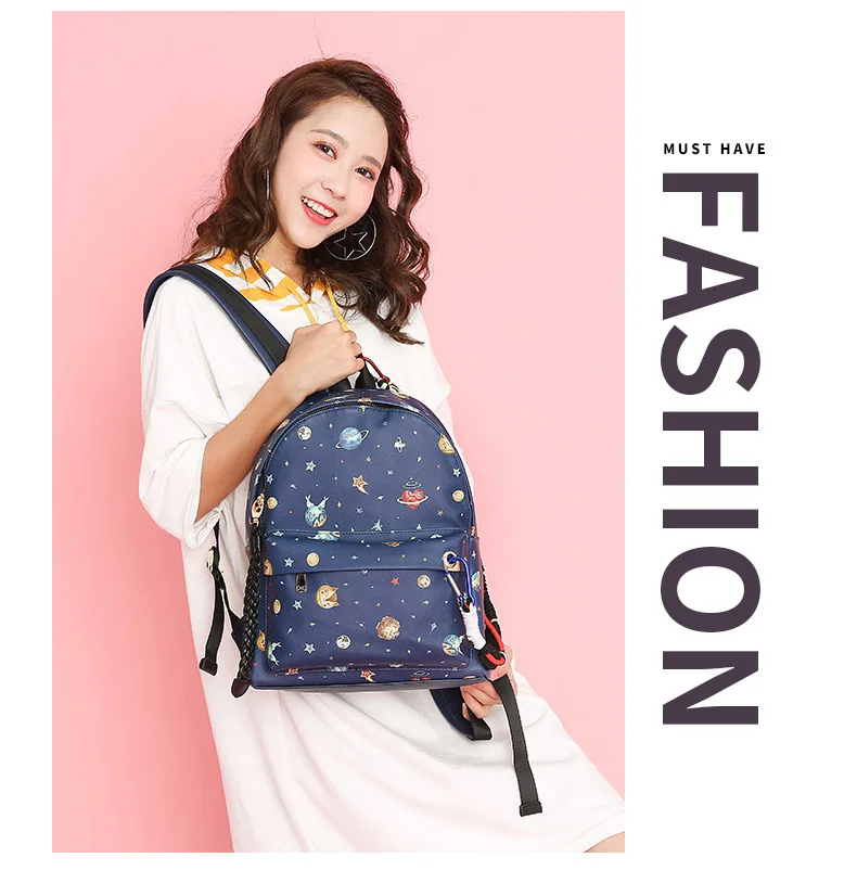 Girls Star Sky Space Planet Printing PU Backpack Women Big Shoulder BackPacks Dark Blue Faux Leather School bag for Teenagers (12)