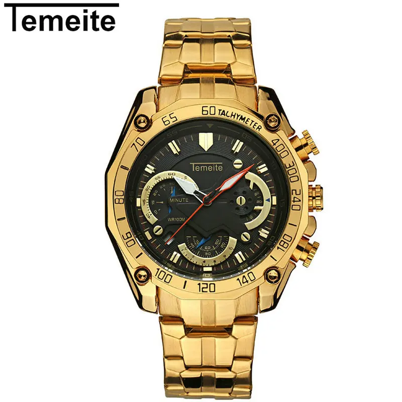 

TEMEITE Golden Mens Watches Top Brand Luxury Quartz Clock 3 Sub-dials 6 Hands Calendar Chronograph Fashion Dress Wrist Watches