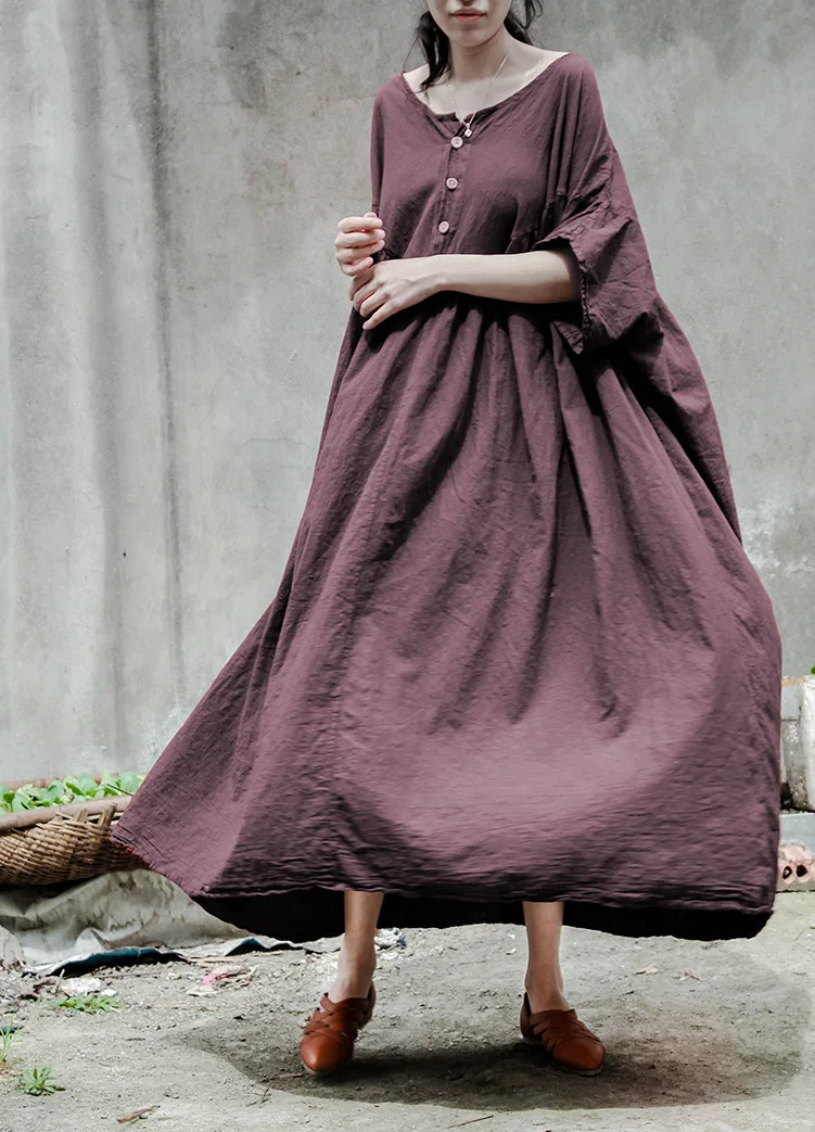 Летние длинные макси платья с круглым вырезом, женские халаты из хлопка и льна, большие размеры, дизайнерское свободное женское повседневное однотонное винтажное платье